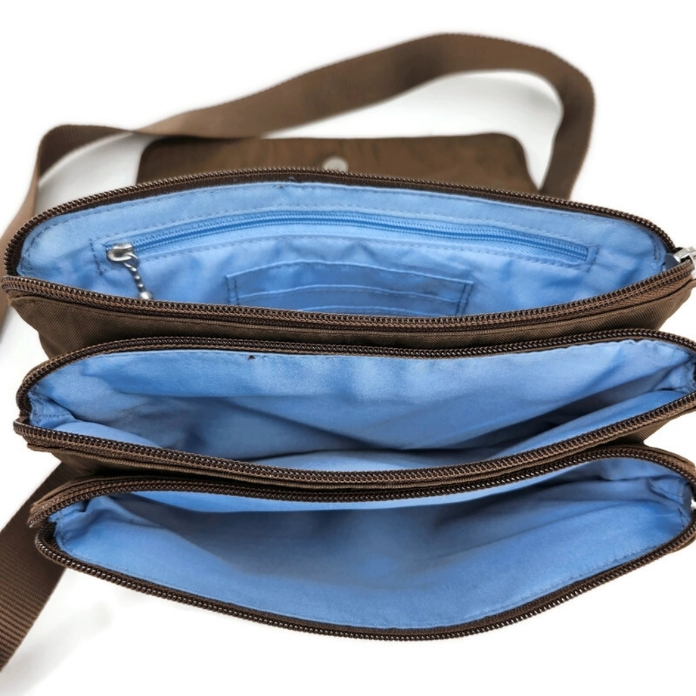 Baggallini Venture Tan Brown Tri-Zip Flap-Close Shoulder Crossbody Messenger Bag - Picture 8 of 12